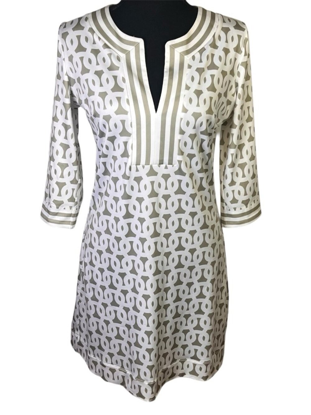 Gretchen Scott Split Neck Jersey Dress Small Loop De Lu Geometric Beige Gray